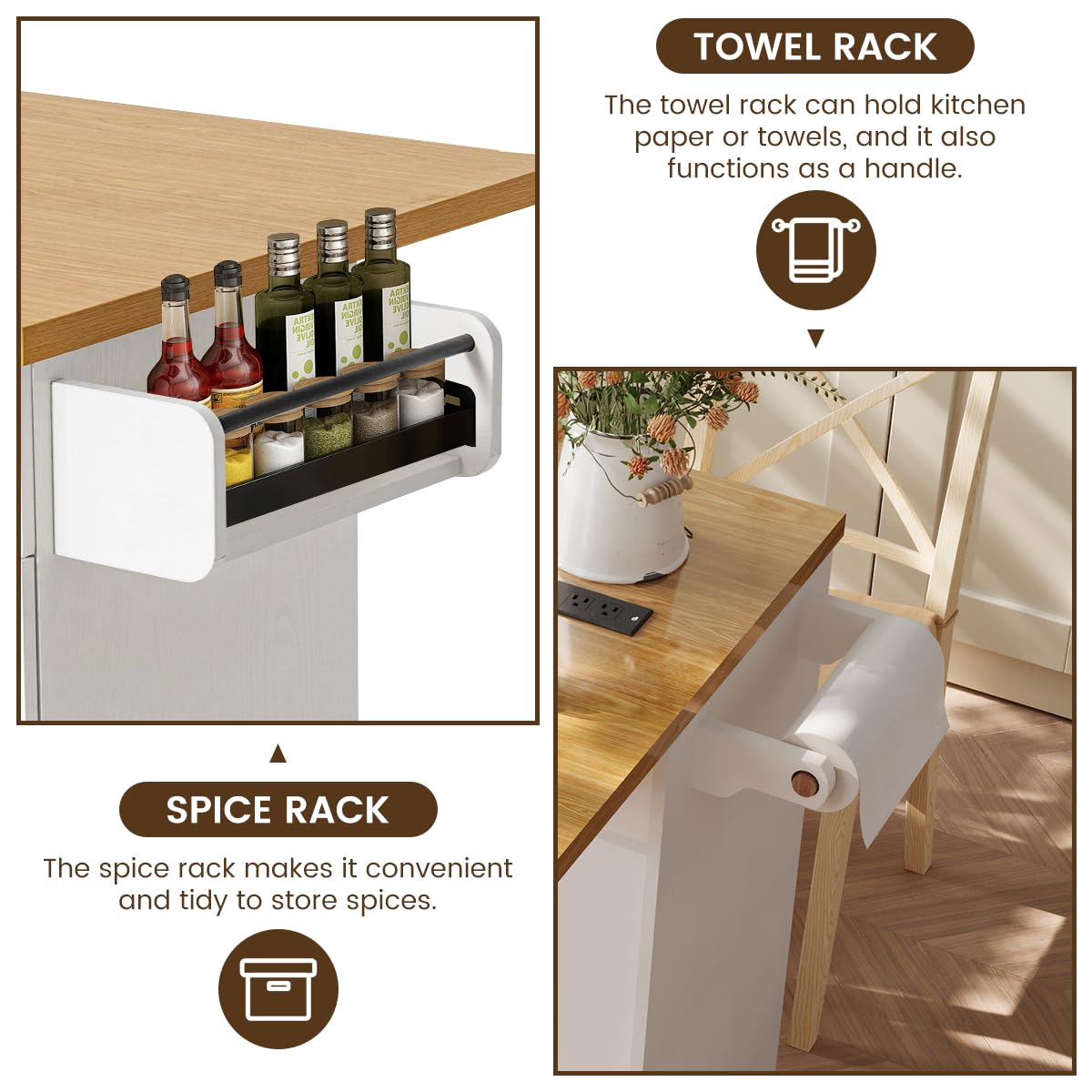 COCO DESIGN Rolling Kitchen Island Cart with Wheels, 54" Portable Trolley Island with Drop Leaf Countertop, Sliding Barn Door, Power Outlet, Spice Rack, Towel Rack and Drawers, Minimalist White COCO DESIGN