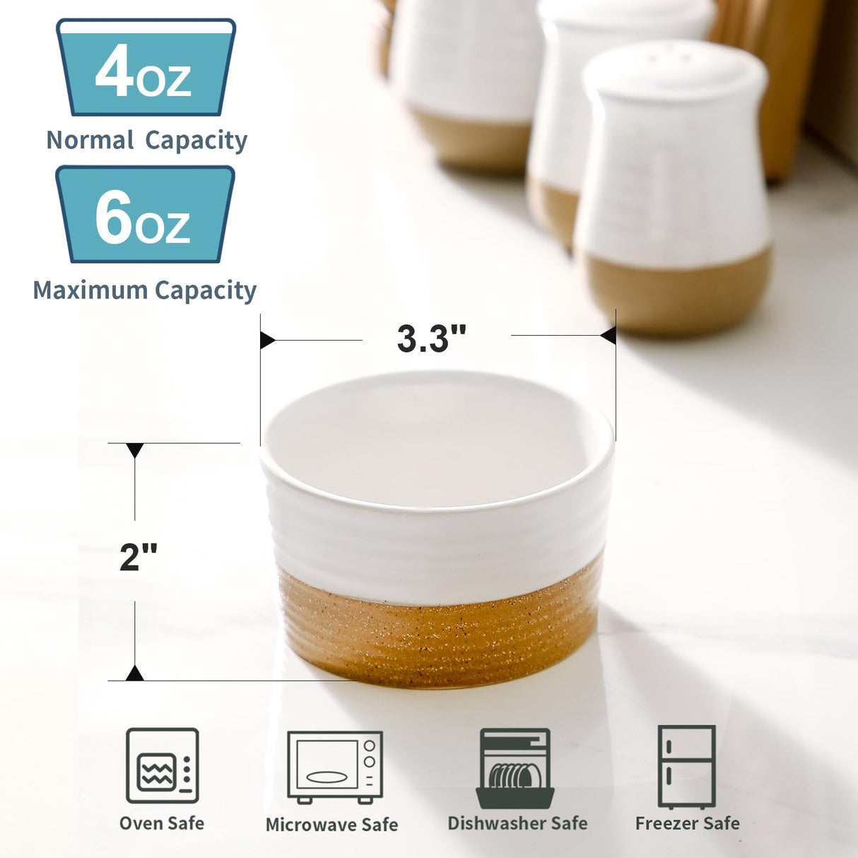 Hasense Ramekins, 6 oz Stoneware Ramekins Oven Safe Set of 6, Mini Ramekins Bowls for Dipping, Brulee, Custard, Farmhouse White Ramekins Gift Hasense