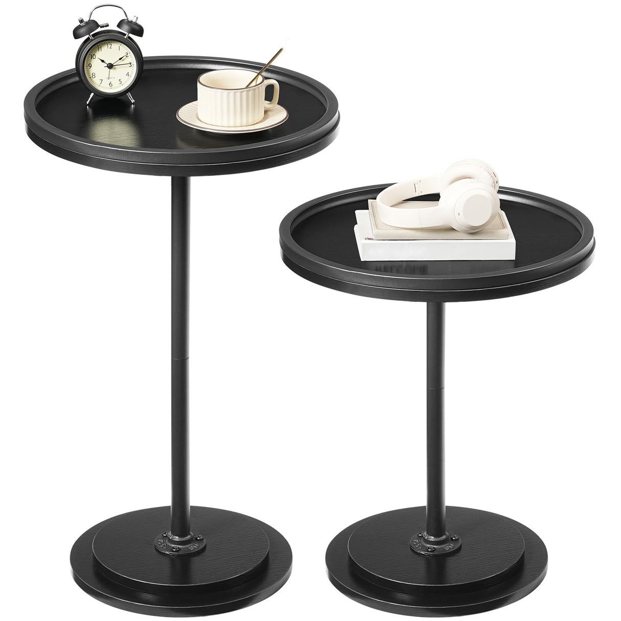 HOOBRO Nesting Coffee Table Set of 2, Small Round Coffee Table Set with Wooden Pedestal, Modern Circle Accent Side Tables for Living Room, Center, Black BB170BZ01 HOOBRO