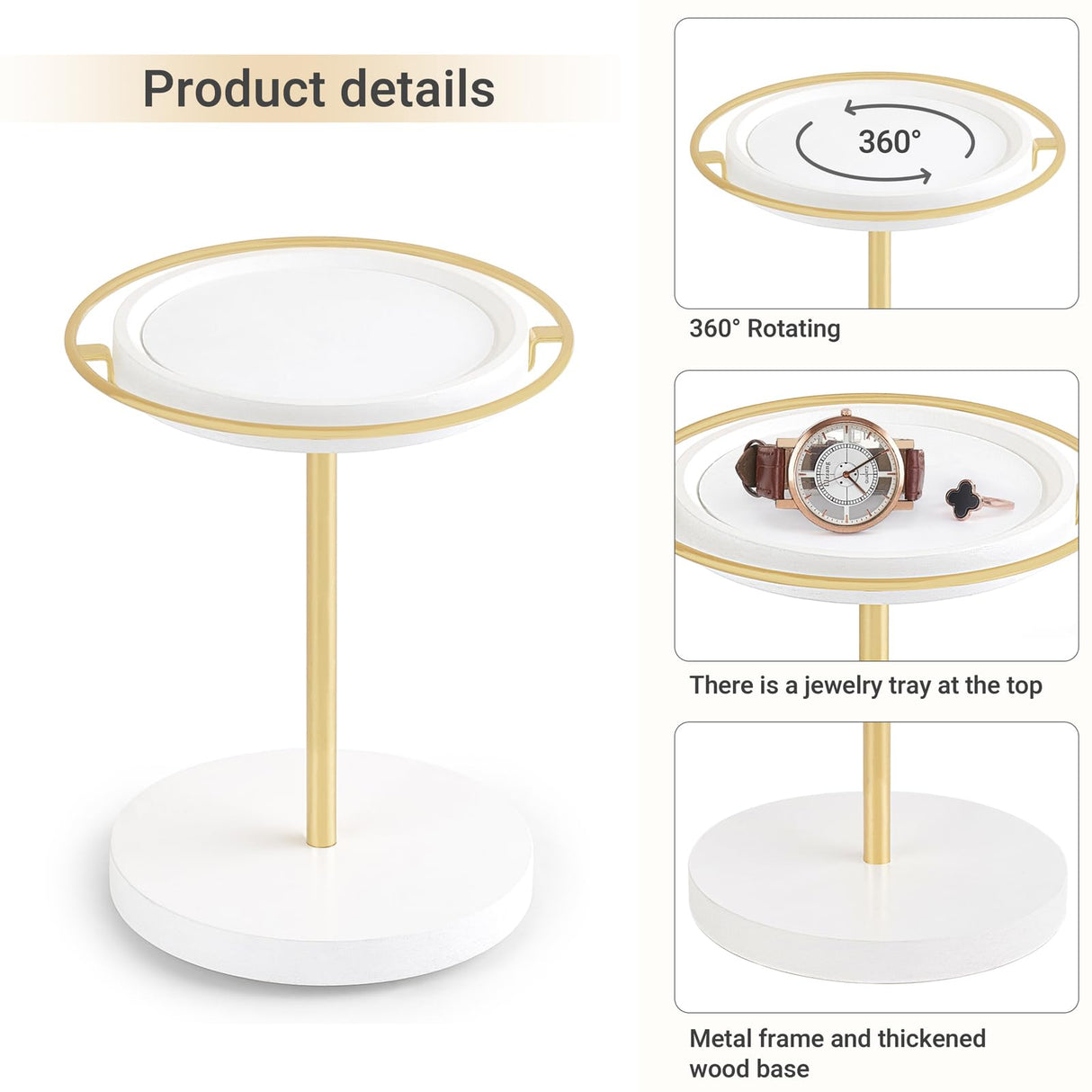 Mkono 360° Rotating Sunglasses Organizer Glasses Holder Stand Metal Frame with Wood Base and Tray Eyeglasses Storage Display Rack for up to 12 Pairs of Eyewear for Table Dresser Desk Bedroom, Gold Mkono