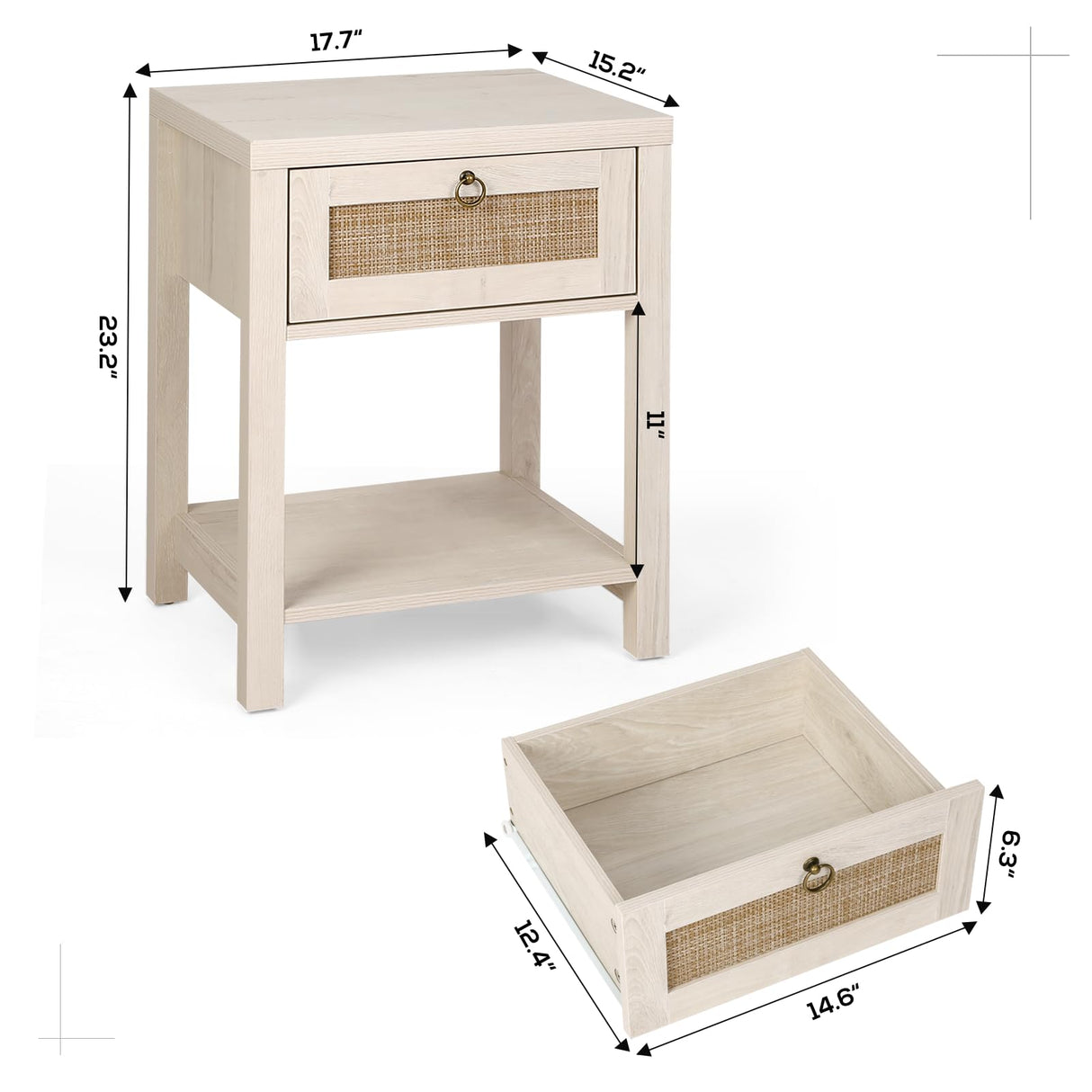 VOWNER White Rattan Nightstand Set of 2, Wood Night Stand with Vintage Metal Pull Handle, 2 PCS Bedside Table Boho End Tables with Storage, Side Tables Shelf for Bedroom, Small Space VOWNER