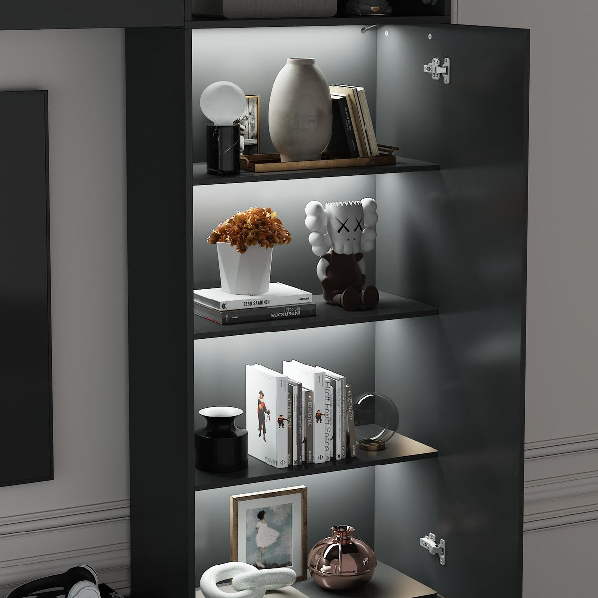 ROMSHINE Large Entertainment Center with Storage, 114" W Wall Unit TV Stand with Bookshelves & Light in White Color, Modern Media Center Cabinet with Bridge, for Living Room Bedroom, Black ROMSHINE