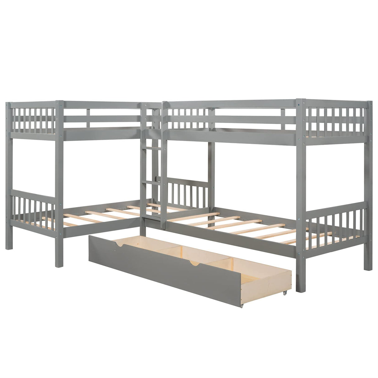 L-Shaped Bunk Bed with Drawers, Bunk Bed for 4 Twin Over Twin for Boys Girls Kids Teen Wood Quad Bunk Beds Frame, Gray Bellemave