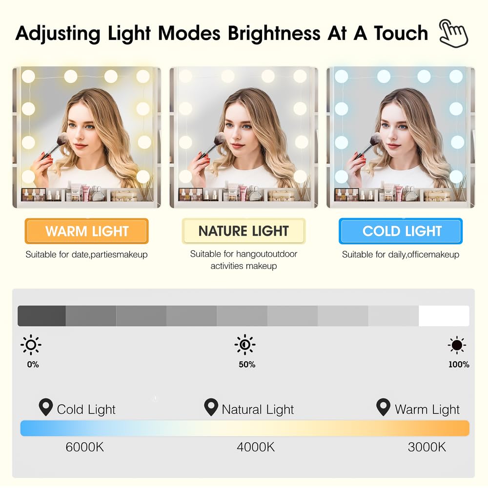 Vabches Makeup Vanity Desk with Lights, 3 Lighting Colors, White Vanity Set Makeup Table, Large Vanity with 3 Drawers, 2 Cabinets and Multiple Shelves, 45.2in Vabches