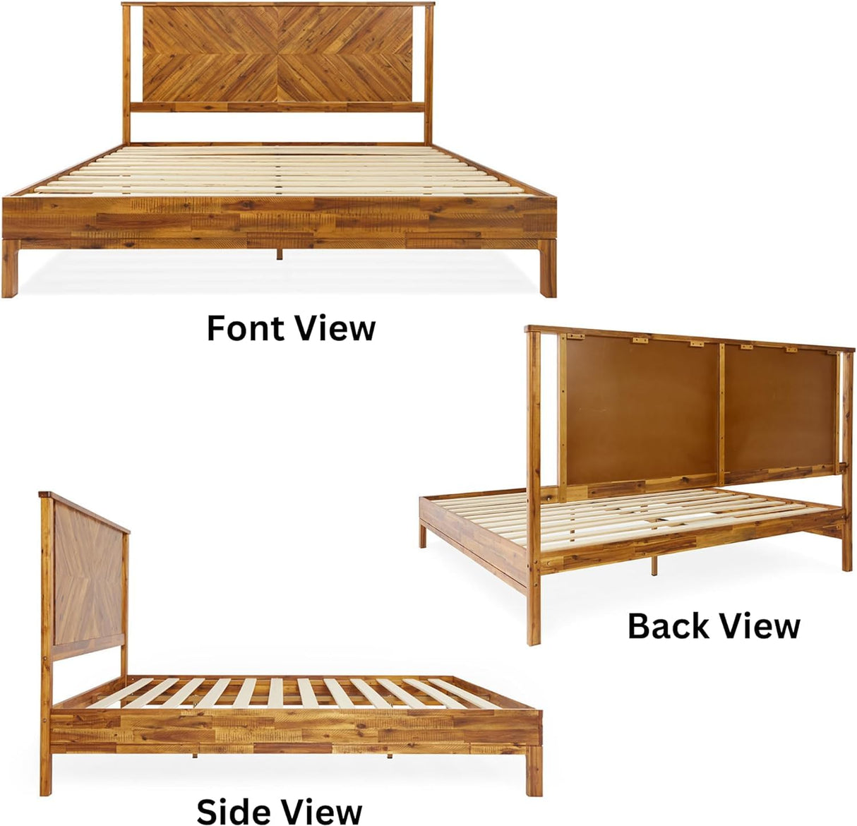 Bme Vivian 14 Inch Rustic Golden Brown Deluxe King Bed Frame with Herringbone Headboard Bme