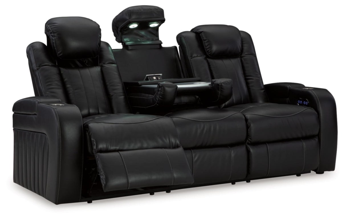Signature Design by Ashley Caveman Den Modern Faux Leather Power Reclining Sofa with Adjustable Headrest, Drop Down Table, Electrical Outlets and LED Reading Lights, Black Signature Design by Ashley