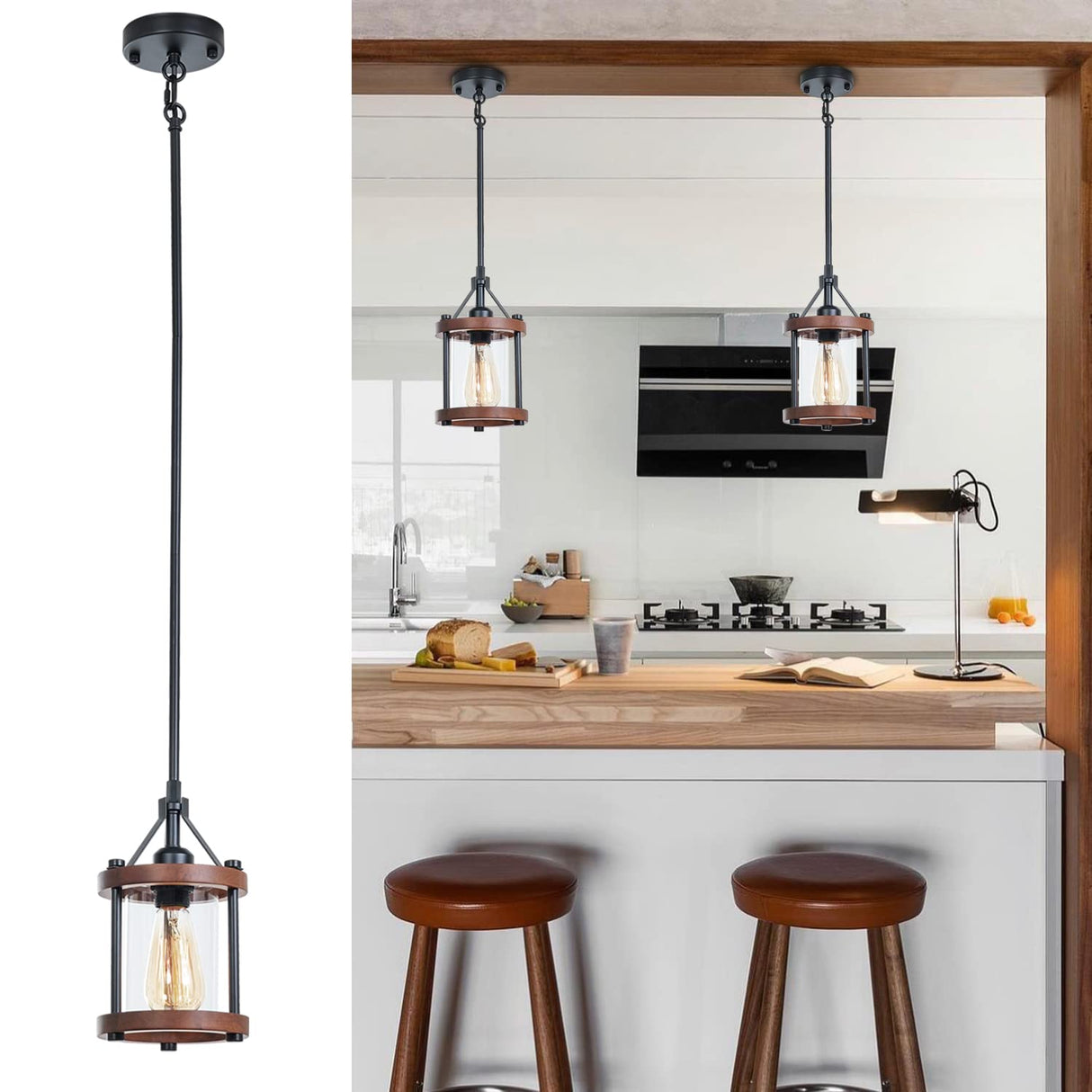 Ejerlya Farmhouse Pendant Light, Rustic Walnut Wood Metal Cage Hanging Light Fixtures with Glass, Adjustable for Flat and Slop Ceiling, Pendant Lighting for Kitchen Island Foyer Hallway,2-Pack Ejerlya