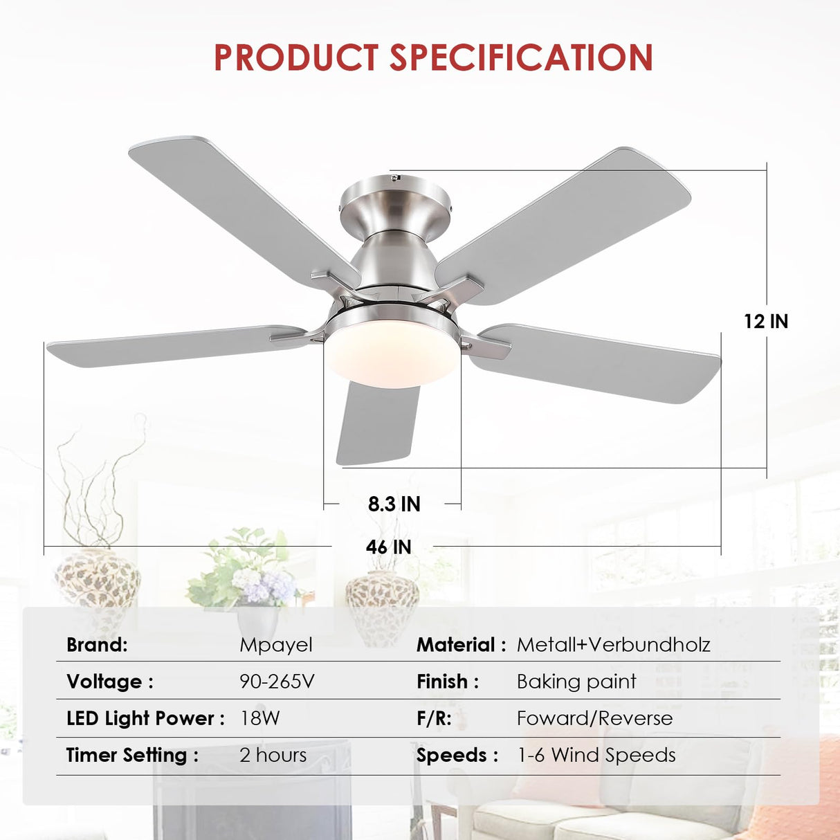 Mpayel Ceiling Fans With Lights and Remote/APP Control,46" Flush Mount Ceiling Fan Dimmable DC Motor,Low Profile Ceiling Fan for Bedroom,Living Room,Brushed Nickel Mpayel