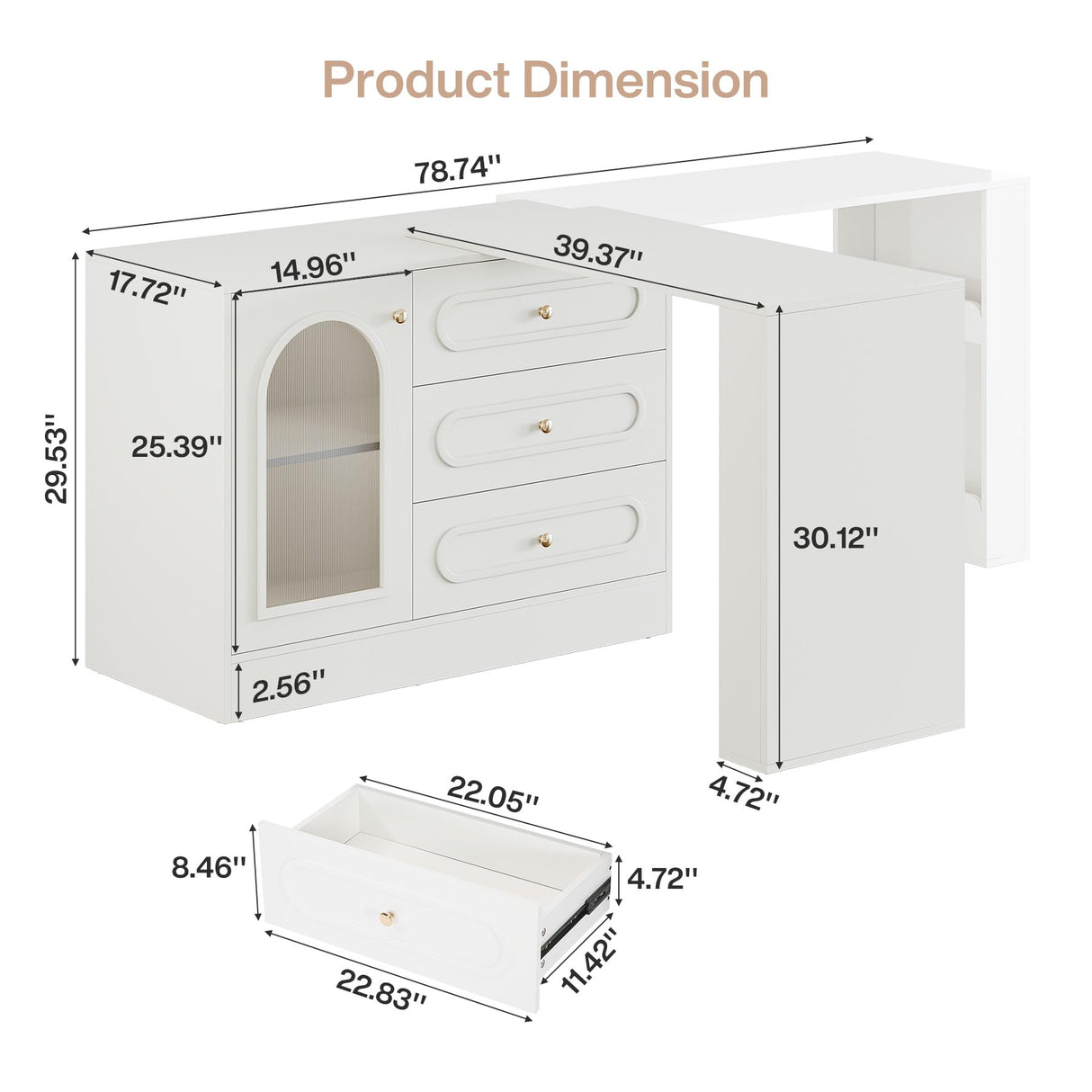 Tribesigns Extendable Vanity Desk and Dresser Combo, 78" L Shaped Vanity Table with Cabinet & 3 Drawers, Wood Dressing Table with 3 Side Shelves for Women & Girls Bedroom (Without Mirror) Tribesigns