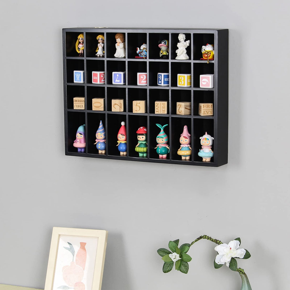 ARRAWIS Black Shot Glass Display Case 18" x13" Solid Wood Wall Mounted Collection Cabinet 28 Slots Small Curio Cabinet Rack (No Door) ARRAWIS