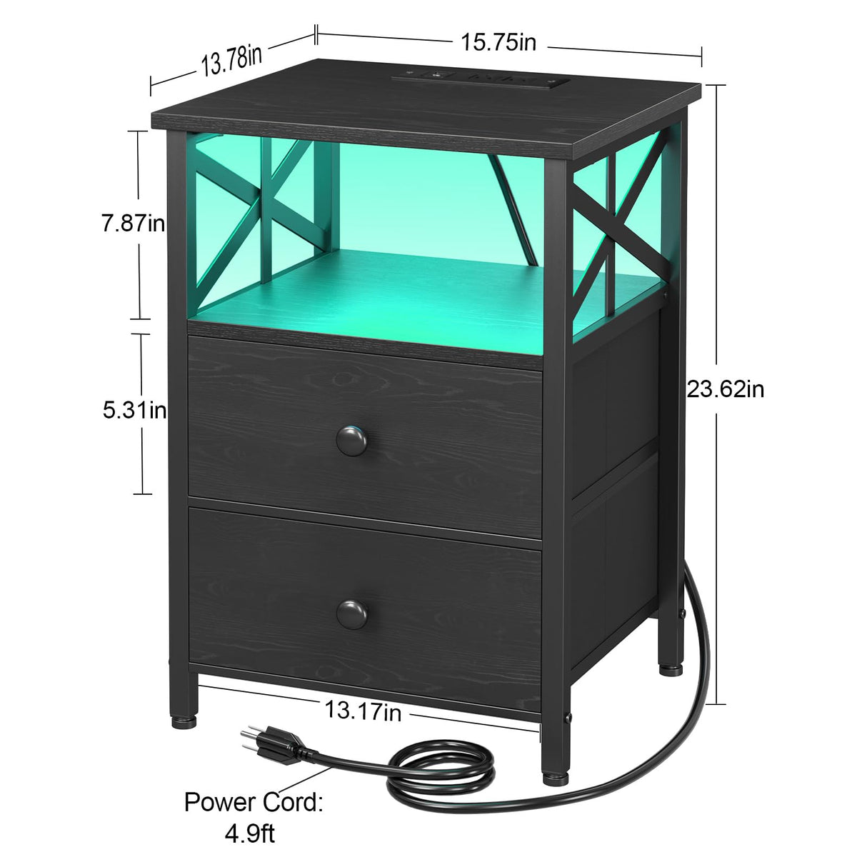 AMHANCIBLE Night Stand Set 2, LED Nightstands for Bedroom Set of 2 with Charging Station, End Table with USB Port and Outlet, Side Table with 2 Storage Drawers for Living Room, Black, HET052LBK AMHANCIBLE