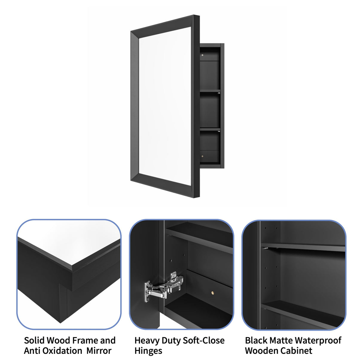 AGDULL Retro-Style Medicine Cabinet with 17’’x27’’ Solid Wood Mirror Frame, Bathroom Recessed Wall Cabinet, Living Room Wood Storage Cabinet, Black AGDULL