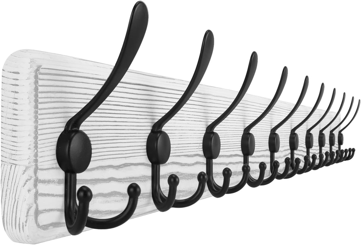 Rustic 38.6" Large Coat Rack Wall Mount, Long Wood Coat Hooks with 10 Triple Hooks, Heavy Duty Wooden Coat Hanger for Entryway, Farmhouse Hanging Jackets, Coats, Hats, Bags,Towel - White Gohiuo
