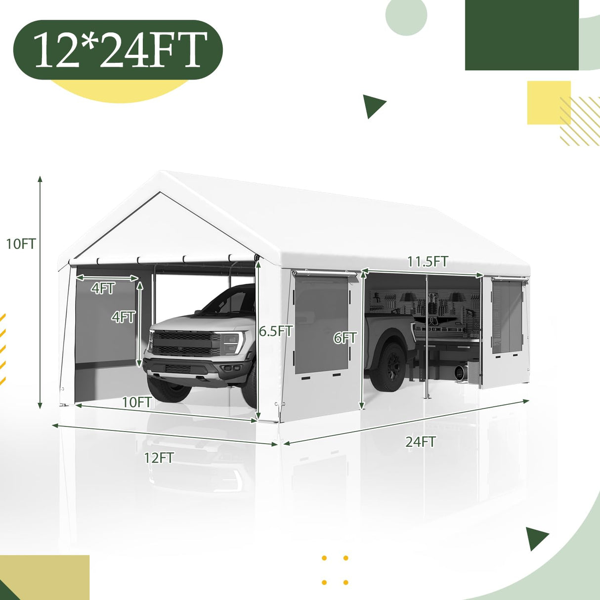 EROMMY 12' x 24' Heavy Duty Carport,Portable Garage with UV Protection & Steel Frame, Car Port with Removable Sidewalls, All-Season Car Canopy for Tractor, Truck, Boat, White EROMMY