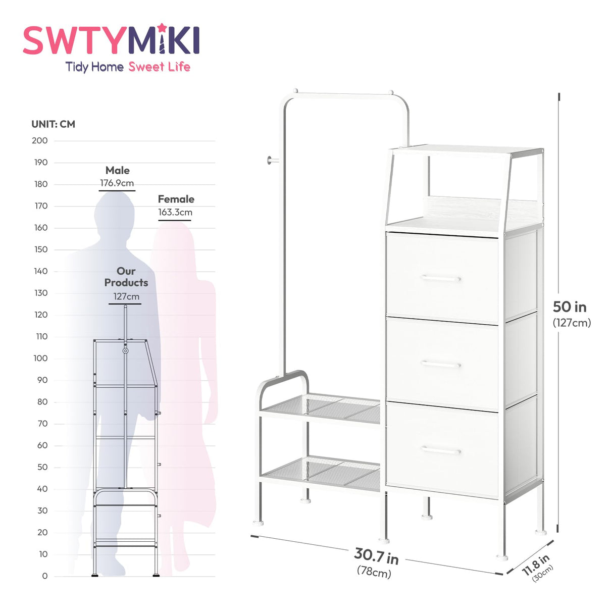 SWTYMIKI Dresser with Hanging Rack - 3 Fabric Drawers Kids Dresser for Bedroom - Reversible Tall Storage Tower, Small Space Clothes Storage Organizer Cabinet for Apartment, Dorm 49.21''H, White SWTYMIKI