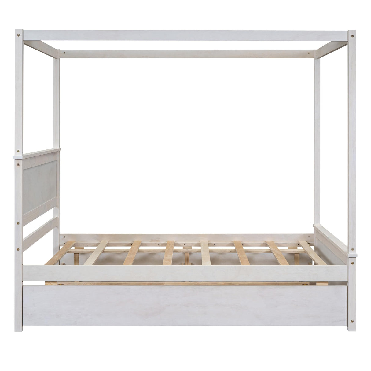 Stylish Full Size Canopy Bed with Trundle and Storage Drawers in Brushed White Bellemave