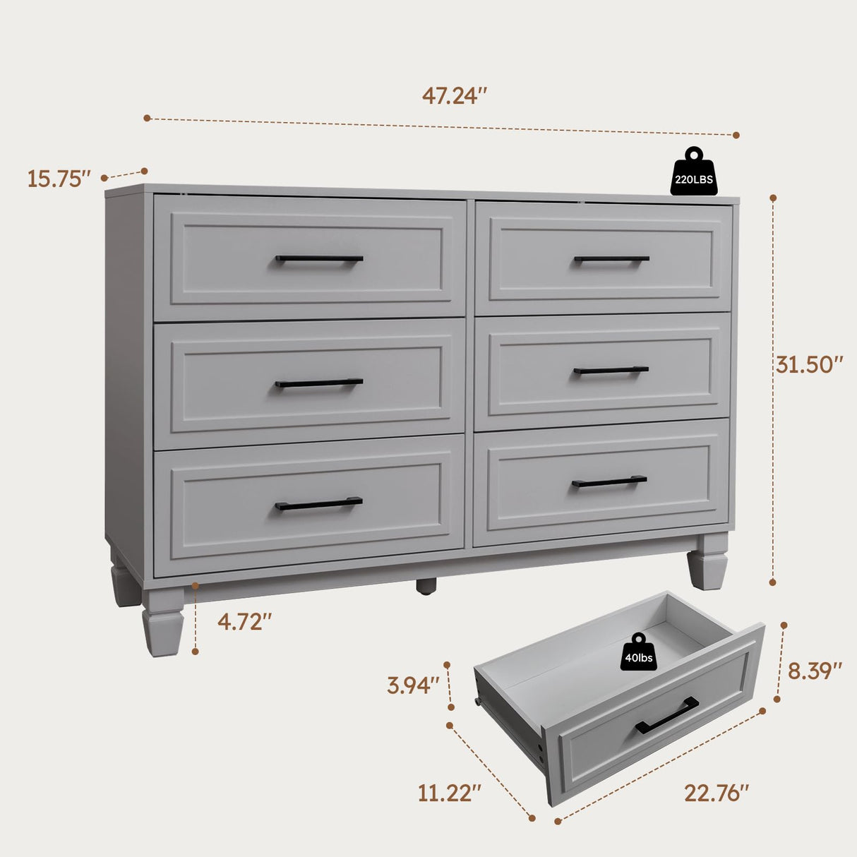 BERRY NEST Farmhouse Dresser for Bedroom, 6 Drawer Dresser with Unique Solid Wood Legs, Modern Wide Chest Dressers for Clothes, Closet, Living Room, Grey BERRY NEST