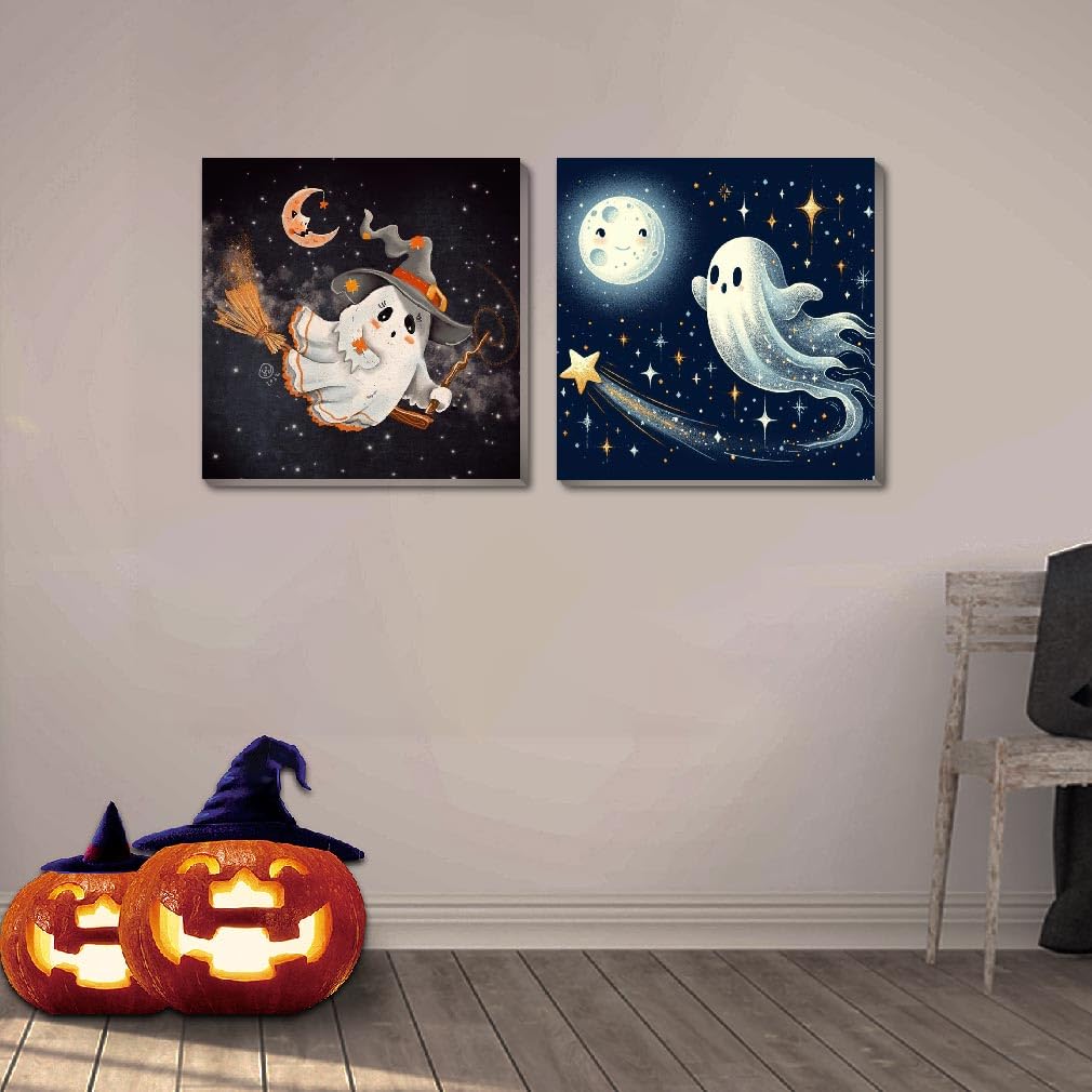 stnckic 2 Pcs Halloween Paint by Numbers Kits for Kids Framed,Ghosts Adults' Paint-by-Number Kits on Canvas Easy Acrylic Oil Painting by Number for Adults Halloween for Home Decor 8x8 inchs stnckic