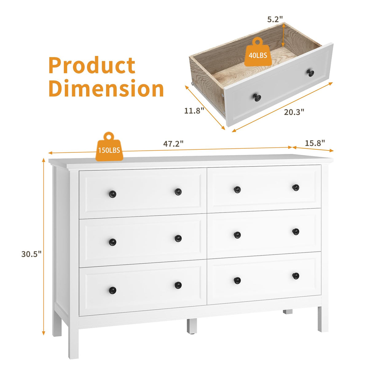 LYNSOM White Dresser for Bedroom, Modern 6 Drawer Double Dresser with Deep Drawer and Metal Handle, Wood Dressers & Chests of Drawers for Hallway, Entryway LYNSOM