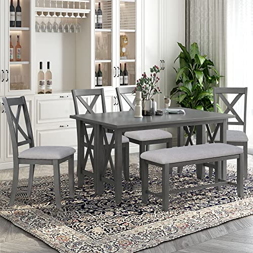 Merax 6 Piece Dining Room Table Set, Rustic Farmhouse Dining Room Foldable Table with 4 Upholstered Chairs and Bench, Solid Wood Kitchen Dining Table Set for 6 Persons (Gray) Merax