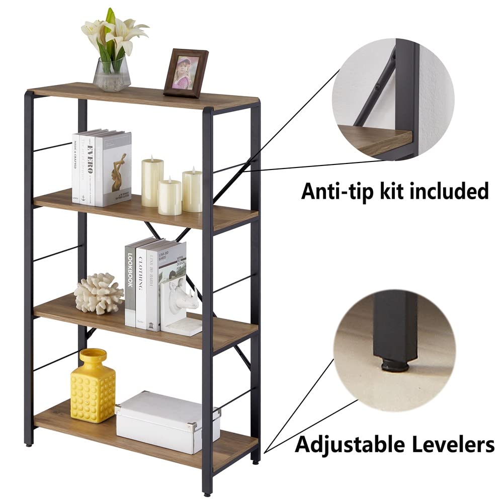 FOLUBAN 4 Tier Open Bookshelf, Vintage Free Standing Book Shelf, Rustic Wood and Metal Bookcase for Home Office, Oak FOLUBAN