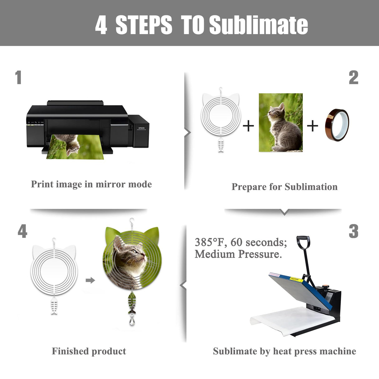 WindMage 4Pack 8 inch Sublimation Wind Spinner Blanks 3D Aluminum Metal Wind Sculpture Kinetic Spinners for Yard and Garden Indoor Art Ornaments Hanging Decoration (Cat) WindMage