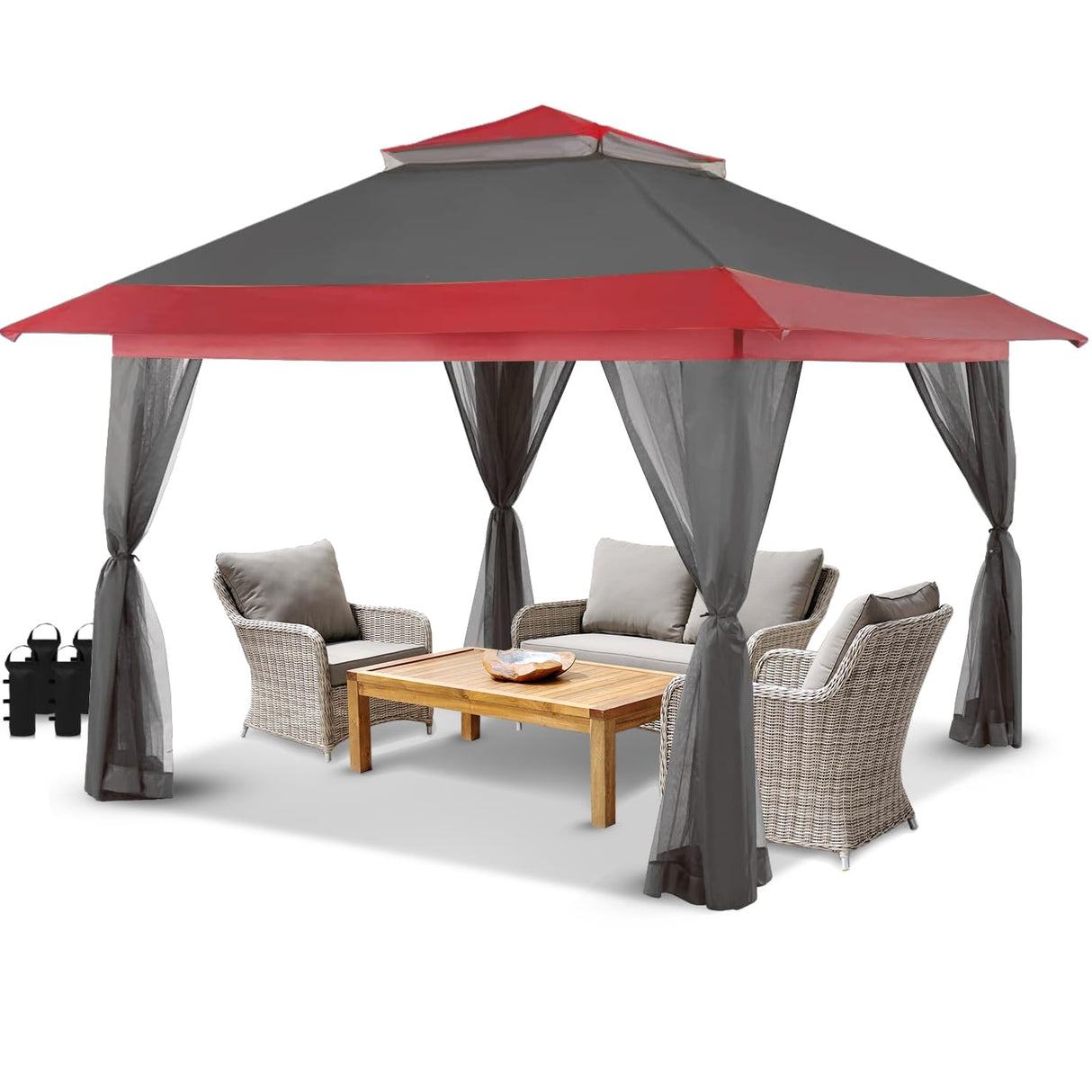 CROWN SHADES 13x13 Pop Up Gazebo, Canopy Tent, Gazebos on Clearance - Outdoor Gazebo for Backyard & Patio Furniture - Carpa Pop Up Tent with Wheeled STO-N-Go Cover Bag (Red & Grey) CROWN SHADES