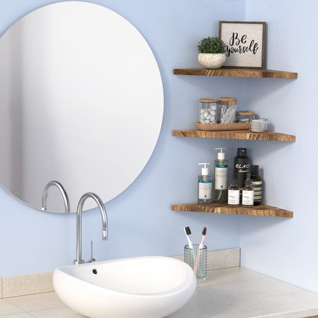 DELFOY Wall Mounted Rustic Wood Straight Edge Corner Shelf Storage Rack, Bookcase, Floating Shelves Home Decor for Bedroom, Living Room, Office and Kitchen, Set of 3 (Straight Edge) DELFOY