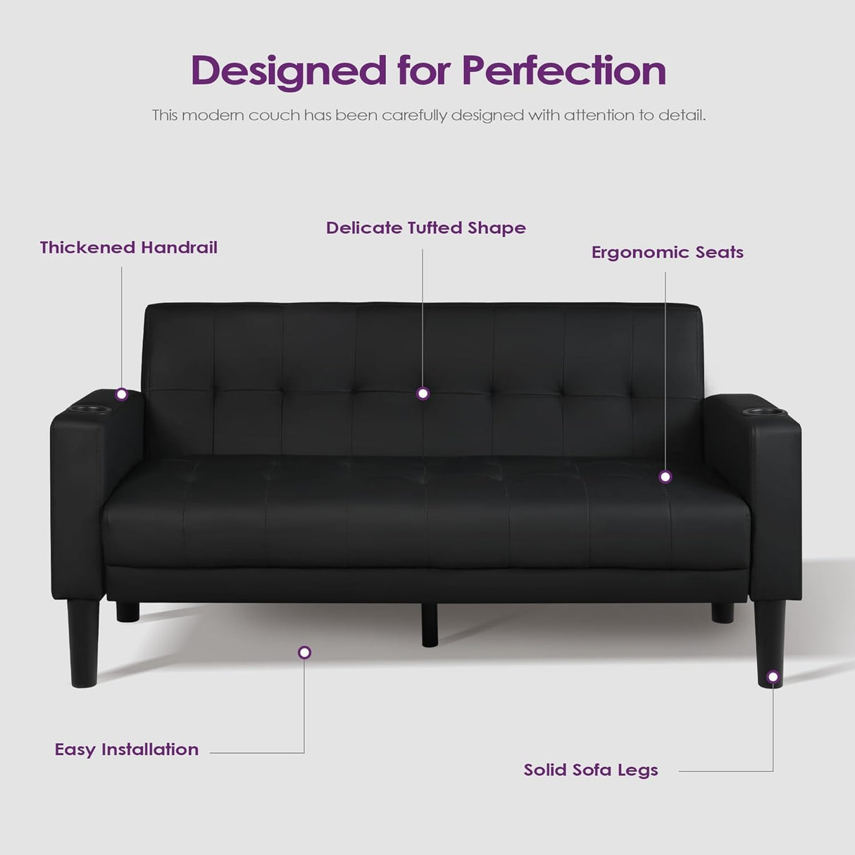 TYBOATLE Sofa Couch 62" W Loveseat w/ 2 USB Charger Ports & 2 Cupholders, Mid-Century Modern Black Faux Leather Tufted Small Love Seat Couches for Office,Compact Living Room,Bedroom,Apartment,Dorm TYBOATLE