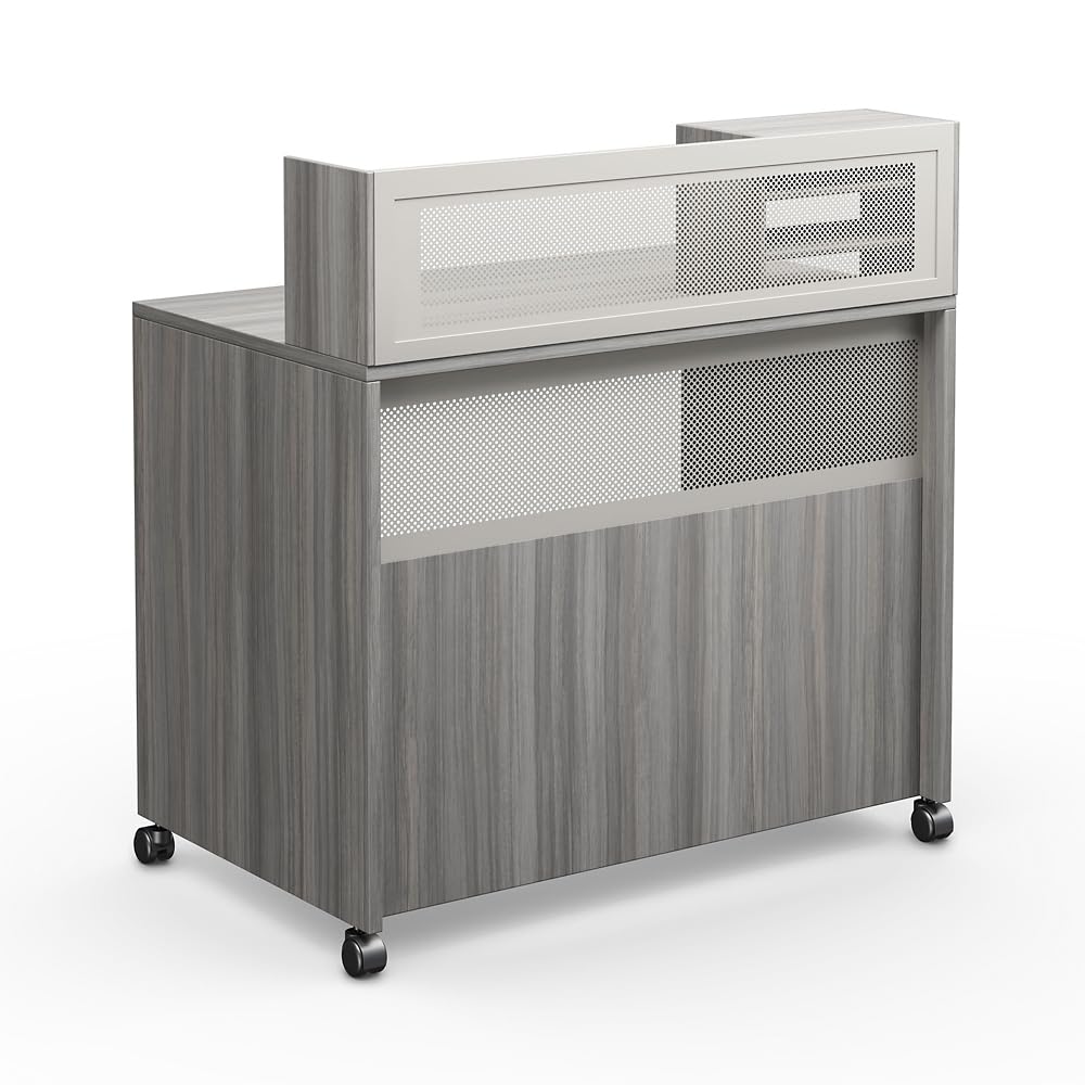 nbf signature series Modern Reception Desk - at Work Mobile Standing Height Checkout Counter Station - 48" W x 30" D Gray Laminate for Front Desk Use and Reception Counter nbf signature series