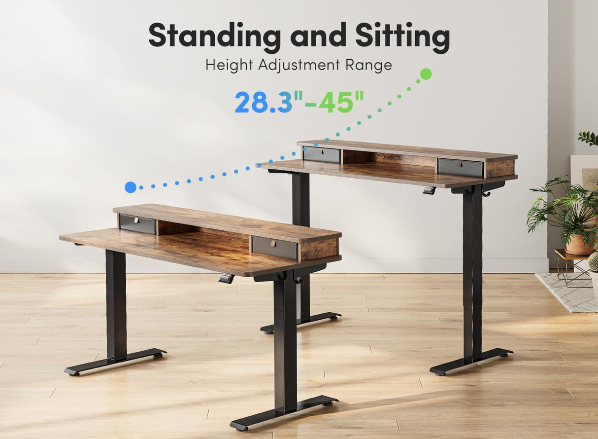 FEZIBO 48 x 24 Inch Height Adjustable Electric Standing Desk with Double Drawer, Stand Up Desk with Storage Shelf, Sit Stand Desk, Vintage Brown FEZIBO