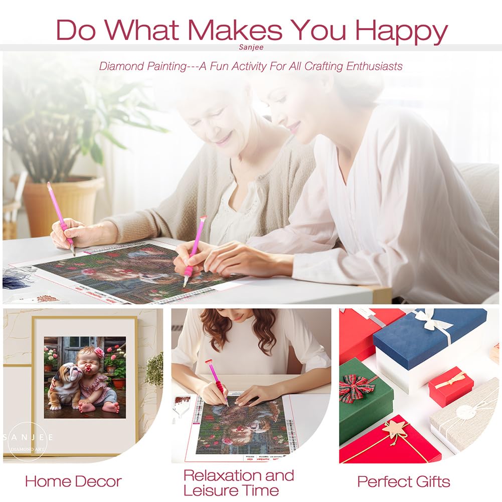 Sanjee Dog and Girl Diamond Art Kits for Adults, Diamond Painting Kits for Beginner, 5D DIY Round Full Drill Gem Art Crafts for Home Wall Decoration Gift, 12x12inch Sanjee