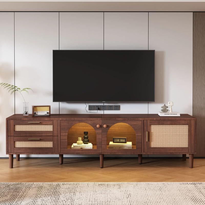 Virubi 71'' LED TV Stand, Boho Entertainment Center with 3 Doors & 2 Drawers, Modern TV Console Table with Rattan Decor, Walnut Media Console for TVs Up to 80'', LED TV Cabinet for Living Room Virubi
