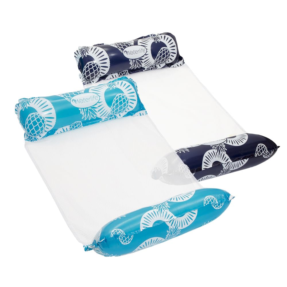 Waterlife 4-in-1 Pool Hammock 2-Pack, Inflatable Pool Chair Float, Water Hammock (Saddle, Lounge Chair, Hammock, Drifter), Navy & Light Blue Aqua LEISURE