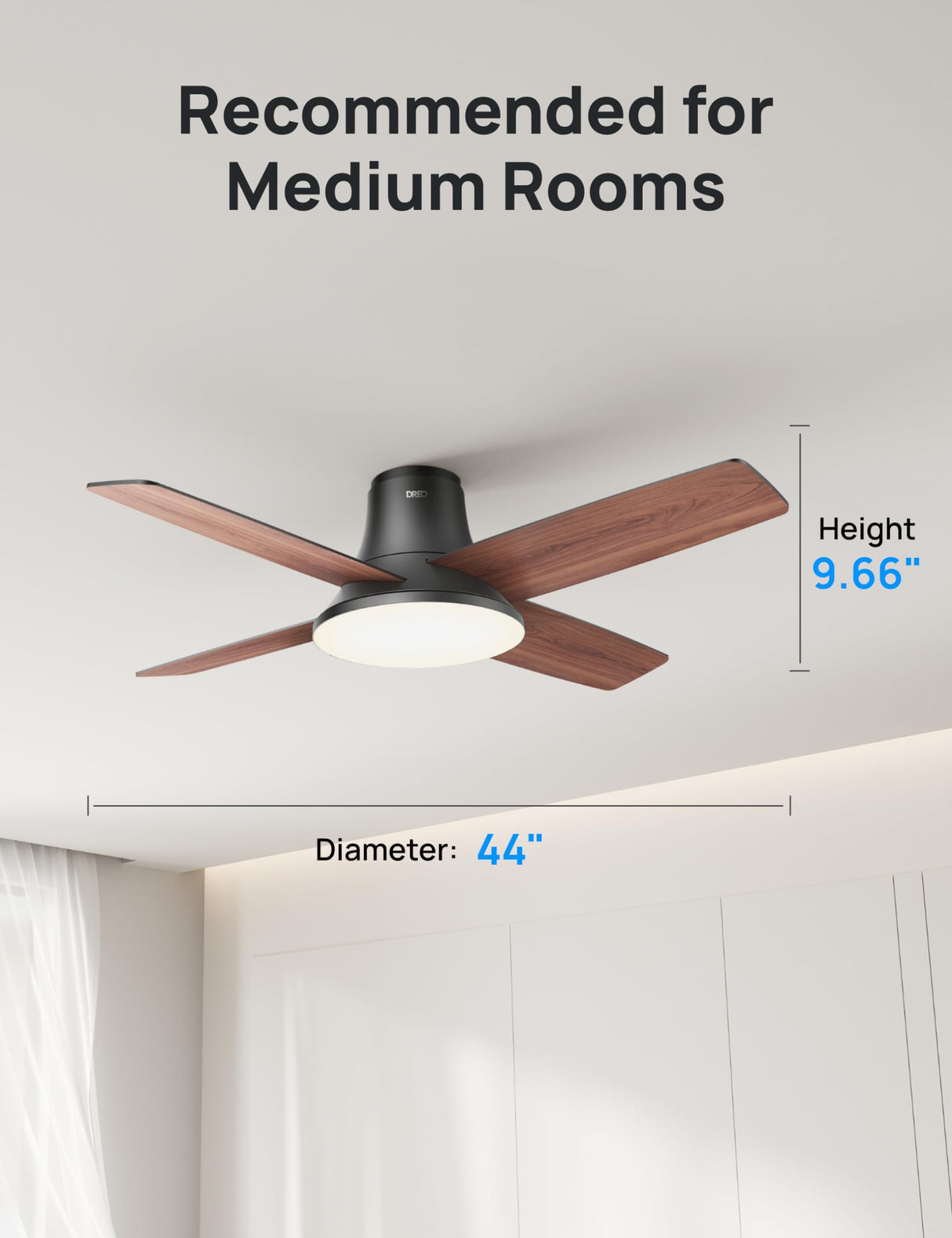 Dreo Ceiling Fans with Lights and Remote, 44 inch Low Profile Black Ceiling Fan, Reversible, 5CCT, 6-Level Dimmable, 6 Speeds Bedroom Ceiling Fan, Quiet, Easy to Install, Timer, Flush Mount Dreo
