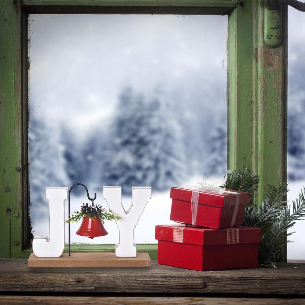 Christmas Wooden Joy Decoration, Wood Craft Sign with Bell, Table Ornament Rustic Tabletop Farmhouse Centerpiece Decorative Block Decor for Xmas Indoor Holiday Home Table Shelf Winter Party (Red Bell) GHOSTMAGIC