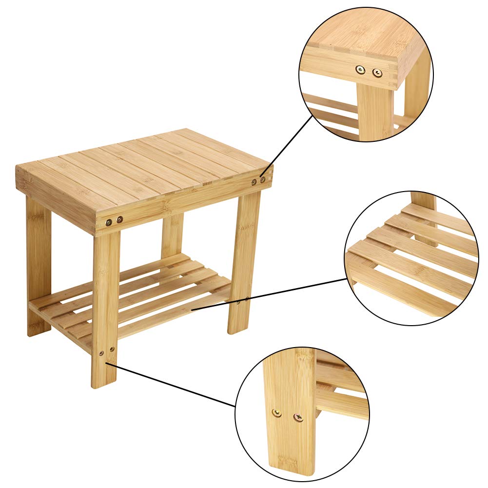 KKTONER Bamboo Step Stool with Storage Shower Bench with Shelf Foot Stool for Bathroom Living Room Bedroom Natural Color KKTONER