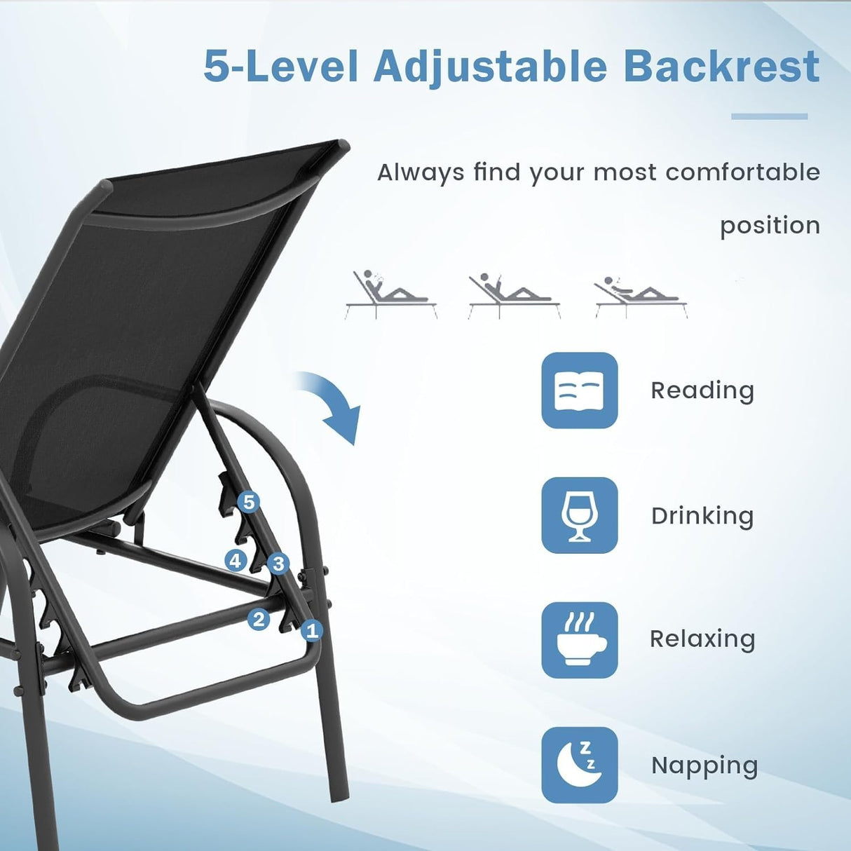 Giantex Patio Lounge Chair, Outdoor Chaise Lounge with 5 Adjustable Backrest, Sturdy Steel Frame, Sunbathing Recliner, Beach Chair, Tanning Chair for Outside, Yard, Balcony, Pool Chairs, Black Giantex