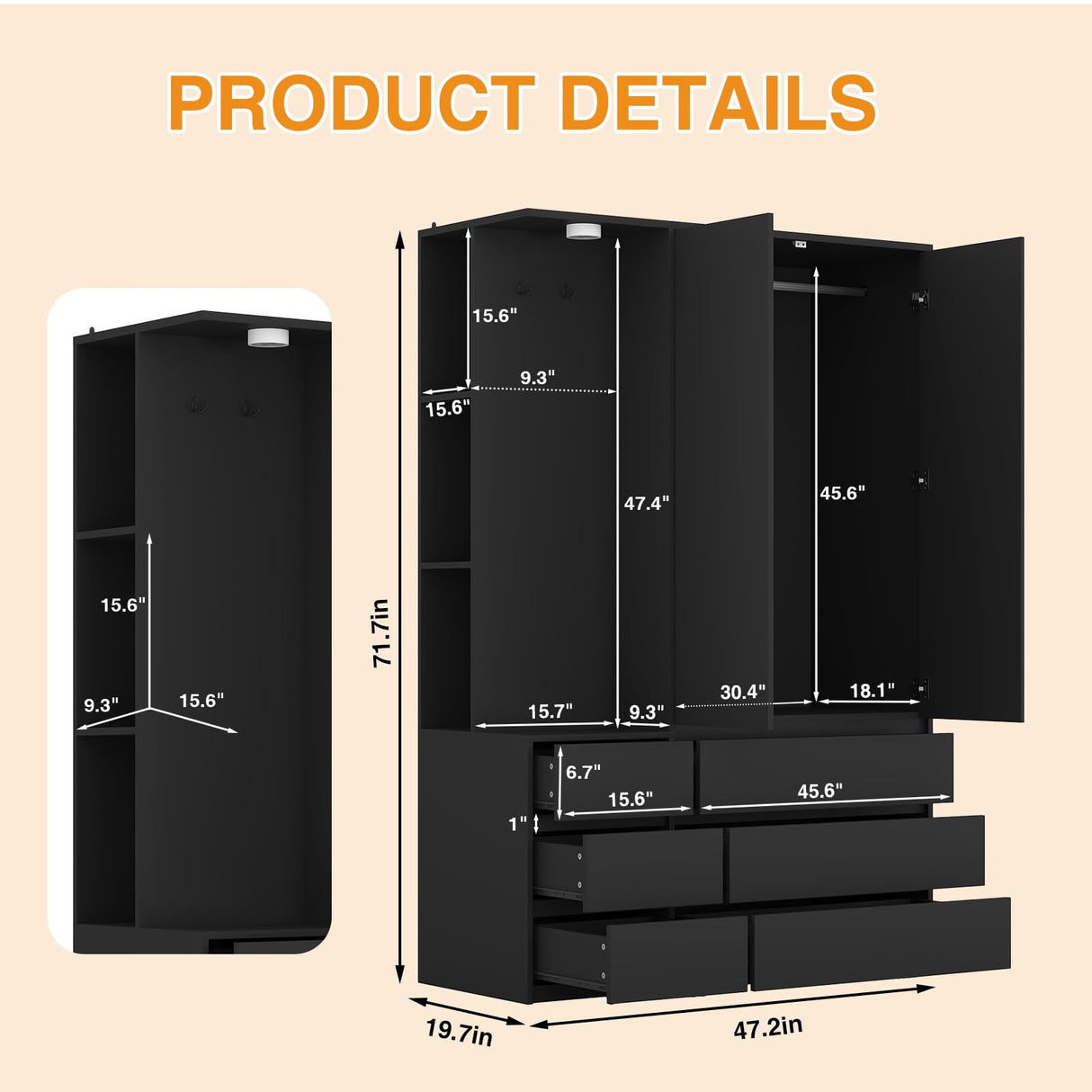 Armoire Wardrobe Closet with Mirror Door and LED Light, Bedroom Armoire with 6 Drawers, Modern Wooden Large Wardrobe Closet with Shelves, Wooden Armoire with Hanging Rod for Bedroom(Black) CORAZAZA