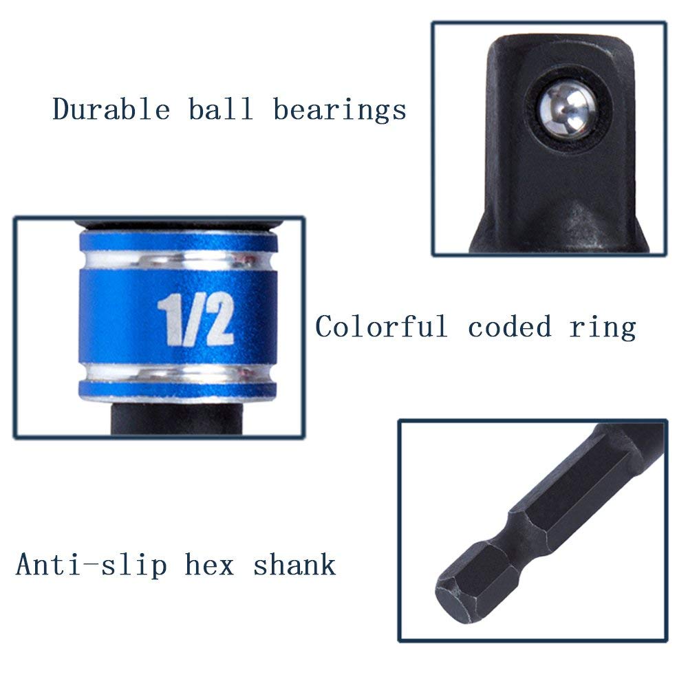 CIGOTU Impact Grade Power Hand Tools Driver Sockets Adapter Extension Set, 3Pcs 1/4 3/8 1/2" Hex Shank Drill Nut Driver Bit Set + 105 Degree Right Angle Driver Extension Screwdriver Drill Attachment CIGOTU