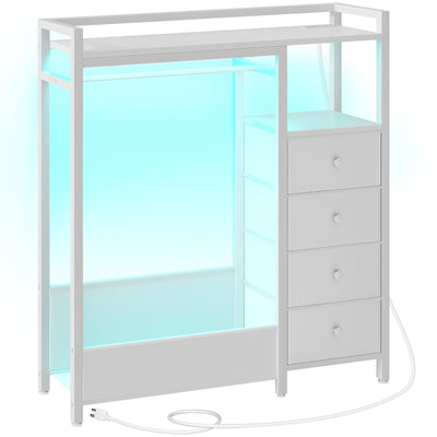 YATINEY Bedroom Dresser with Clothes Rack, 4 Drawer Dresser with Charging Station and LED Light, Chest of Drawers for Bedroom, Closet Organizer with Hanging Rack and 2-Tier Shoe Rack, White
