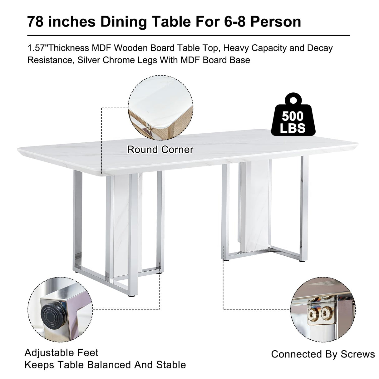 79" Dining Table,White Gloss Kitchen Table,1.57" Thick MDF Board Table Top Coated by Faux Marble Pattern with Chrome Plate Metal Base,Modern Dining Table for 10 People MEMUY