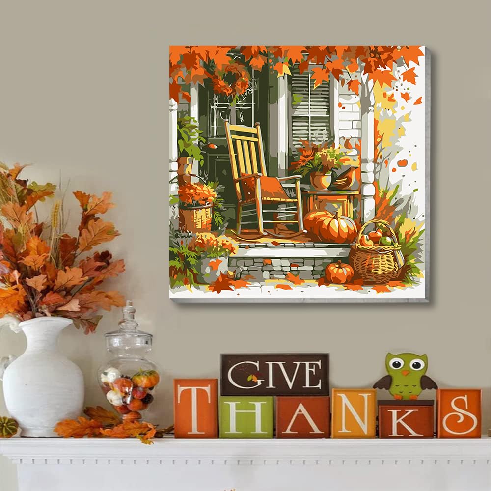 VIGEGU 4 Pack Thanksgiving Paint by Numbers Kit for Adults with Framed,Fall Pumpkin Paint by Number with Wooden Easel DIY Autumn Scarecrow Truck Adult Paint by Number Kits for Wall Decor 10x10in VIGEGU