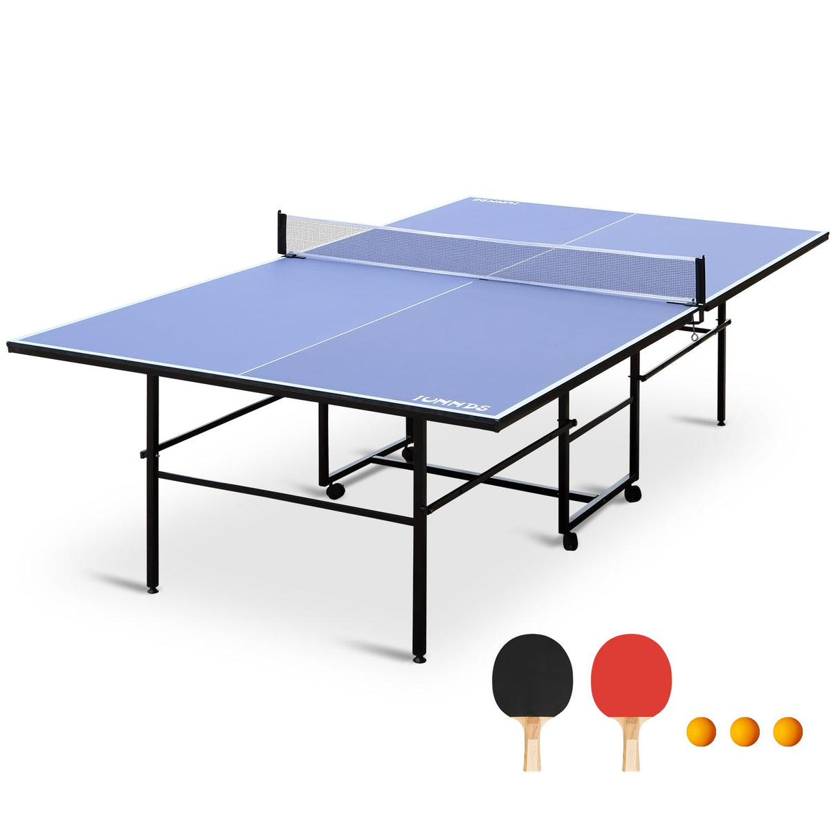 HaoKang Folding Rolling Table Tennis Table Regulation Ping Pong Table with 2 Paddles 2 Balls 1 Net and Post Set Fold-Up Design 4 Wheels for Easy Movement, BLUE HaoKang