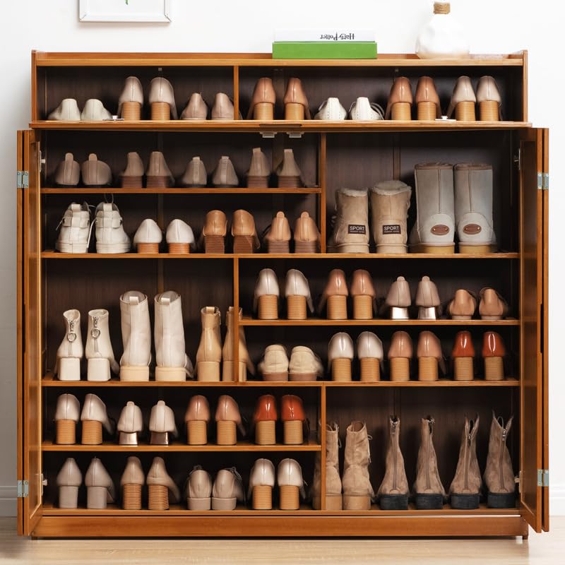 wrdela 7 Tier Bamboo Shoe Storage Cabinet, Freestanding Shoe Rack with Doors, Shoe Cabinet with 1 Flip Drawers Shoe Organizer for Entryway Slim, Hallway, Bedroom (Brown - Flip) wrdela