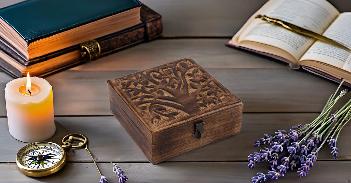Great Birthday Gifts Handmade Decorative Wooden Jewelry Box With Tree Of Life Carving & Lock & Key Jewelry Organizer Keepsake Box Treasure Chest Trinket Holder Watch Box Storage Lock Box 6 x 6 Inches The Great Indian Bazaar