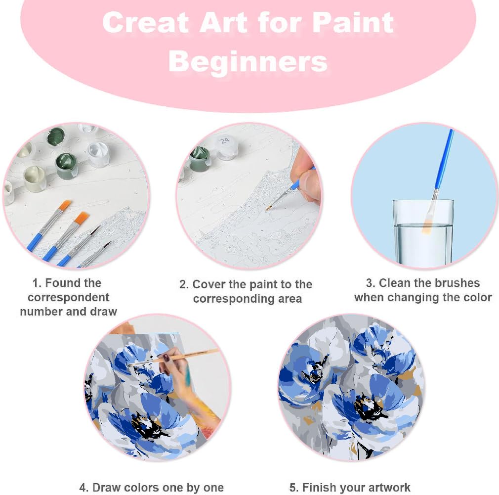 4 Pack Flowers Paint by Number for Adults Kids Framed, Easy Acrylic Adults Paint by Numbers Kits on Canvas with Paints and Brushes, Small Flowers Arts and Crafts Kits for Home Wall Decor (8 x 8 Inch) Fotasmua