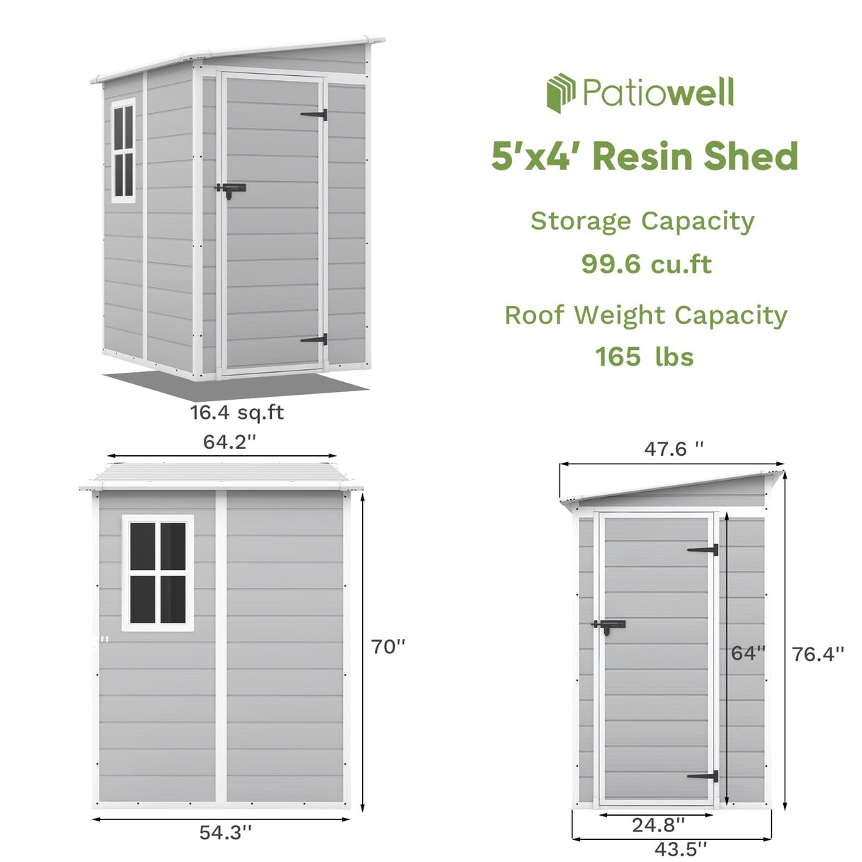 Patiowell 5x4 FT Outdoor Storage Shed, Resin Storage Shed with Floor & Lockable & Window Door for Patio Furniture, Garden Tools and Bicycle, White & Grey Patiowell