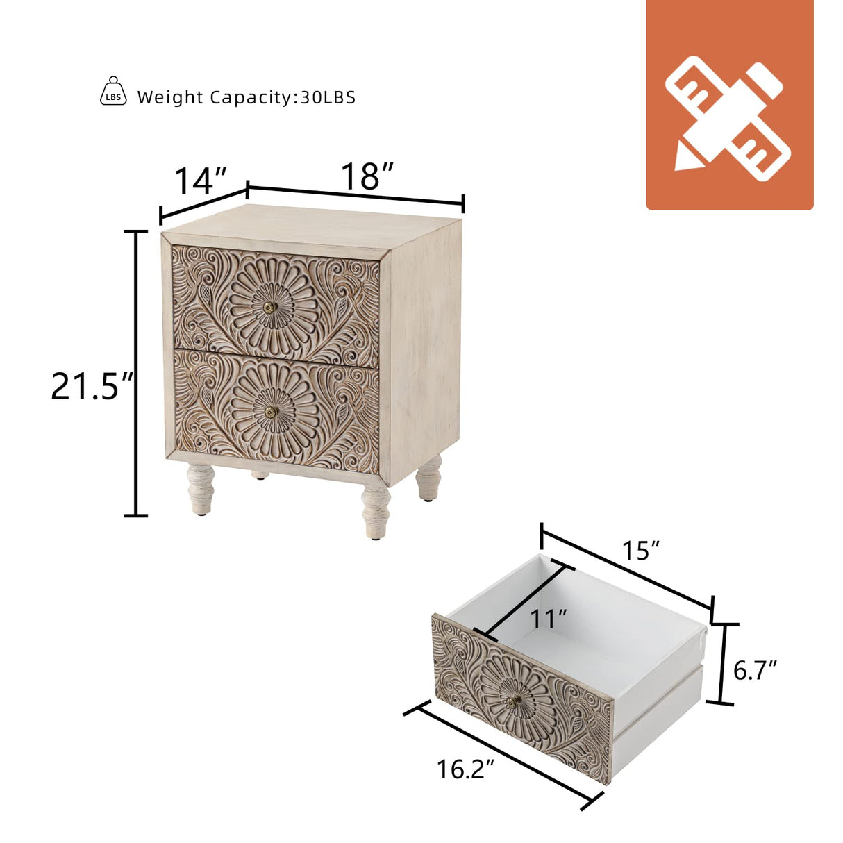 HOMPUS End Table with 2 Drawers Sets of 2, 2 Tier Bedside Table Sets, Wood Grain Nightstand, Small Accent Table with Pattern Drawer, Side Table for HOMPUS