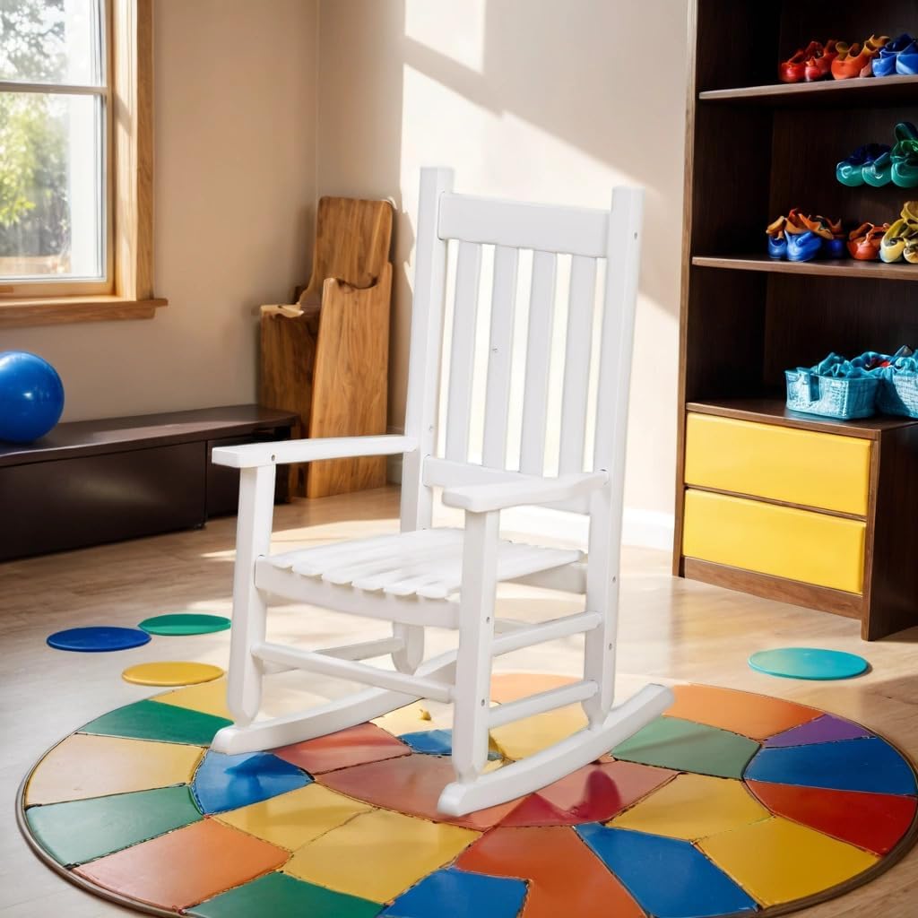 BplusZ Child Rocking Chair Kid's Toddler Rocking Chair Comfy Rocker Furniture Indoor Outdoor Patio Porch Balcony Reading Room for Baby Children Wooden Rocking Chair Ages 6-10, White BplusZ